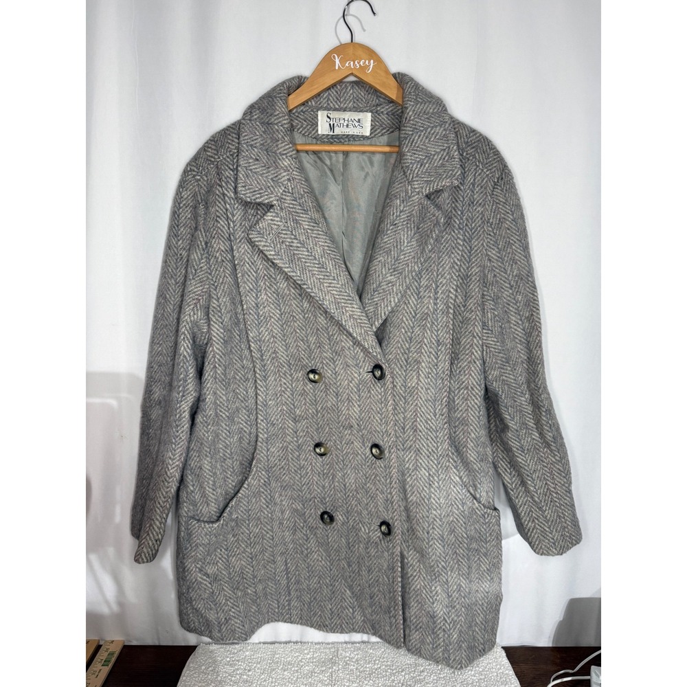 Stephanie Mathews Vintage Grey Herringbone 100% Wool Double Breasted Coat Sz 18